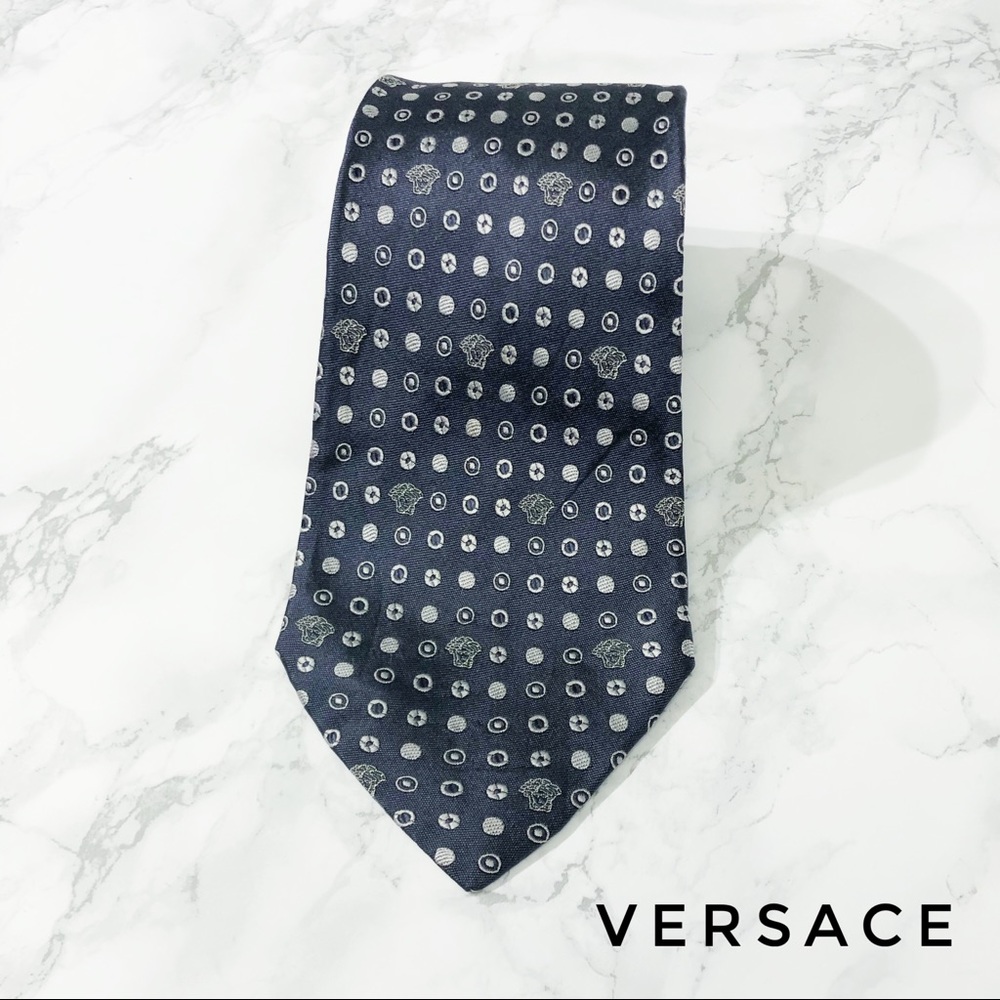 Versace Blue White Medusa Circle Print Silk Tie